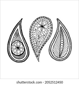 Conjunto de tres elementos de doodle paisley, dibujo a mano alzada simple, imagen vectorial en blanco y negro