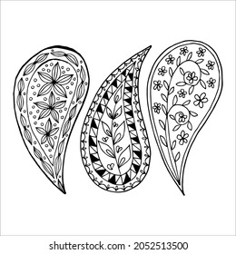 Set of three paisley doodle elements, simple freehand drawing, black and white vector image