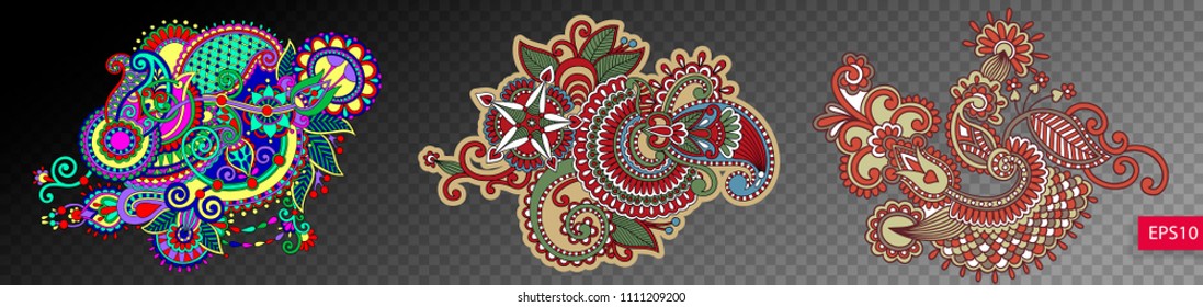 set of three paisley flower design isolated on a transparent background, indian floral pattern vector illustration collection