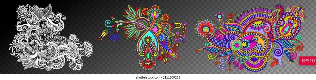 set of three paisley flower design isolated on a transparent background, indian floral pattern vector illustration collection
