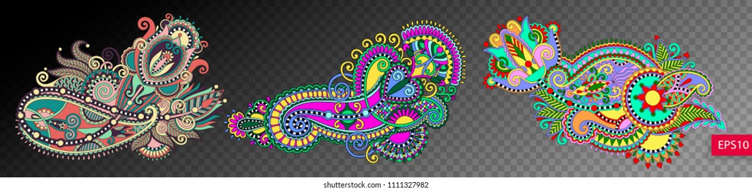 set of three paisley flower design isolated on a transparent background, indian floral pattern vector illustration collection