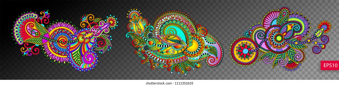 set of three paisley flower design isolated on a transparent background, indian floral pattern vector illustration collection