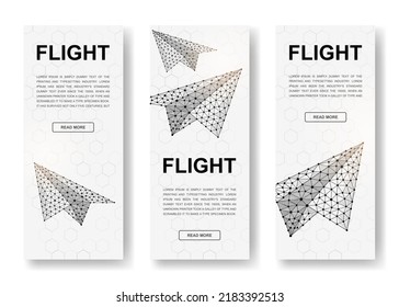Set of three Paper airplane polygonal vertical banners. 3d Travel low poly symbols with connected dots. Vertical illustration for homepage design.
