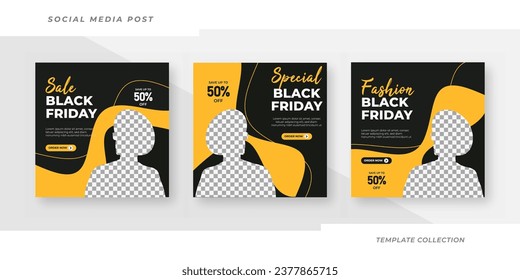 Set of three paper background of black friday sale banner fashion social media pack template premium vector