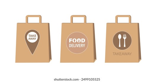 Set of three paper bags with inscriptions and signs. Delivery service. Take away paper food bag. Colorful icons, logo or sign for web, print. flat vector illustration