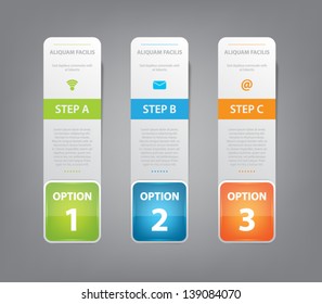 Set of three paper banner tags with glossy plastic buttons for business design, infographics, step presentation, progress design, number options or workflow layout. Clean and modern style