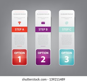 Set of three paper banner tags with glossy plastic buttons for business design, infographics, step presentation, progress design, number options or workflow layout. Clean and modern style