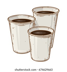 Set of  three paper coffee cup over white background. Cartoon coffee cup.