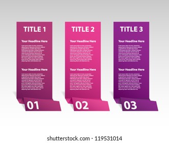 Set of three paper origami style banners for step presentation, business design, infographics, workflow layout, number options or reports. Clean and modern design
