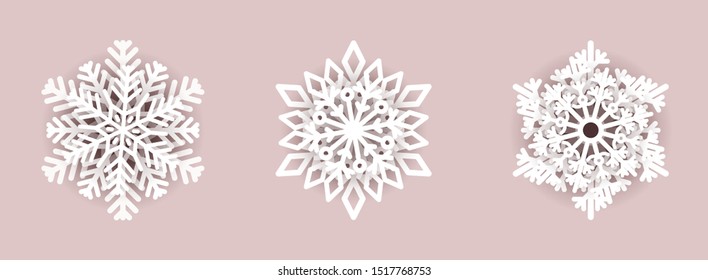 Set of three paper snowflakes on neutral background. Vector illustration.