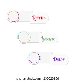 Set of three paper tags in different color. Vector elements for infographics and presentation