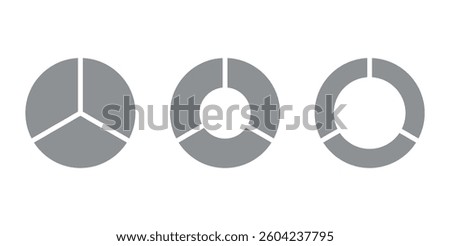 Set of three parts of circle. Pie chart with three same size sectors. Vector illustration isolated on white background.
