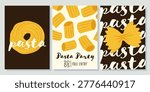 Set of three pasta themed posters including fettuccine coil, falling rigatoni for "Pasta Party," and farfalle over typographic background. Trendy restaurant branding.