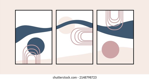 Set of three pastel color abstract wall art. Mid century modern wall decor. Aesthetic wall Decorations, poster, background, Wallpaper, invitation and art deco.