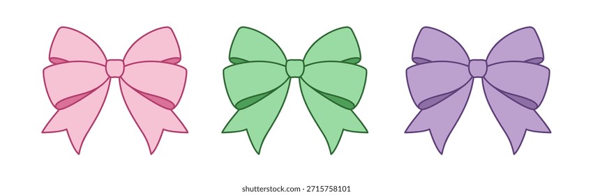 Conjunto de tres lazos de regalo pastel en rosa, verde y púrpura con contornos. Ilustración vectorial plana. Ideal para empaques navideños, etiquetas de regalo y diseños de marca femeninos.