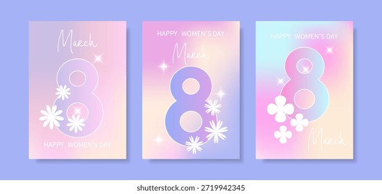 A set of three pastel holographic gradient greeting cards for Women's Day (March 8) with flowers and glitter. Women's Day poster. Vector.