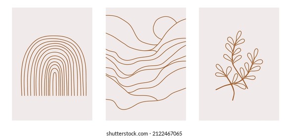 Set of three pastel posters with foliage, rainbow and abstract mountain landscape, vector illustration. Minimal Nordic line art print. Abstraction design for background, wallpaper, card, wall art