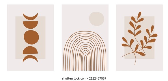 Set of three pastel posters with foliage, rainbow and abstract shapes, vector illustration. Minimal Nordic leaves and ferns art print. Abstraction design for background, wallpaper, card, wall art