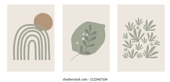 Set of three pastel posters with foliage, rainbow and abstract shapes, vector illustration. Minimal Nordic leaves and ferns art print. Abstraction design for background, wallpaper, card, wall art