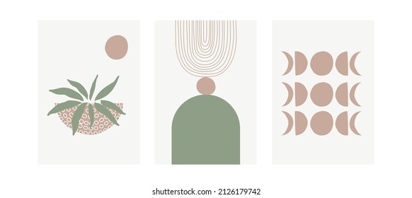 Set of three pastel posters with foliage, rainbow and abstract shapes, vector illustration. Minimal Nordic leaves and plants art print. Abstraction design for background, wallpaper, card, wall art