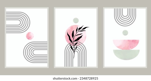Conjunto de tres afiches pastel con forma follaje, arco iris y abstracta, ilustración vectorial. Mínimo de hojas nórdicas y plantas impresas de arte. Diseño de abstracción para fondo, tapicería, tarjeta, arte mural.