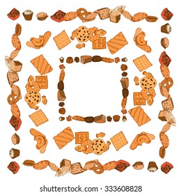 Set of three pattern brushes for frames. Bakery theme: cookies, buns, bread, pretzels, cupcakes, tarts