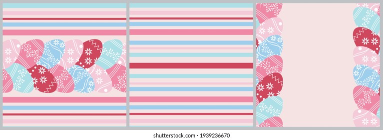 A set of three patterns in pastel colors. Seamless backgrounds with the image of Easter eggs and stripes. Vector illustrations for printing on fabrics, backgrounds, wallpapers, napkins, wrapping paper