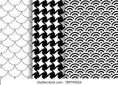 set three patterns. Pepita's pattern. black and white pattern. japanese pattern. Fish scale motif. Vector art