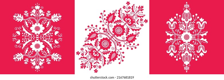 Set of three patterns with stylized ukrainian folk floral elements. Red and white ethnic ornament based on national embroidery tradition. Can be used for decoration, surface design and packaging