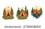 Set of three peaceful camping scenes featuring orange tents, campfires, and pine trees under a warm sunset glow in the mountains or by a lake.