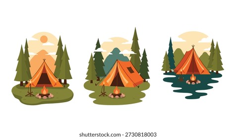 Set of three peaceful camping scenes featuring orange tents, campfires, and pine trees under a warm sunset glow in the mountains or by a lake.