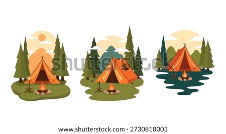 Set of three peaceful camping scenes featuring orange tents, campfires, and pine trees under a warm sunset glow in the mountains or by a lake.