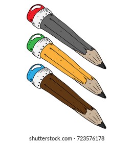 Set of three Pencil with eraser on the end. Vector illustration.
