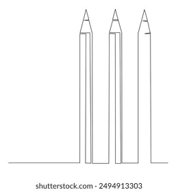 a set of three pencils aligned vertically. continuous line drawing illustration of school stationery for education and back to school concept and design element
