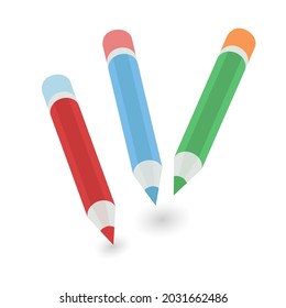 A set of three pencils with erasers. Red, blue and green colors. Vector illustration.