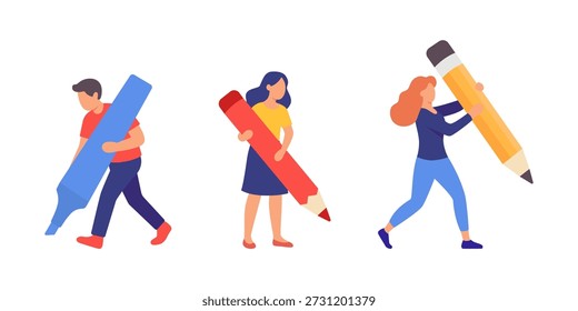 Set of three people holding giant pens and pencils. Flat vector cartoon illustrations for education, teamwork, creativity, and office design concepts.