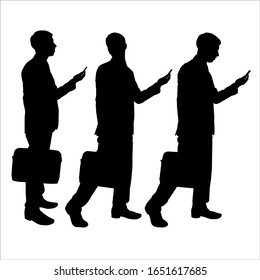 Set of three people, man, worker with suitcase, bag and gadgets, students, using hi tech technology, mobile phones, pad, smart watches, virtual games, navigators. Vector male silhouette isolated.