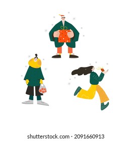 Set of three people. One of them is holding a gift. The second bought tangerines. The third is running with a present in her hands.