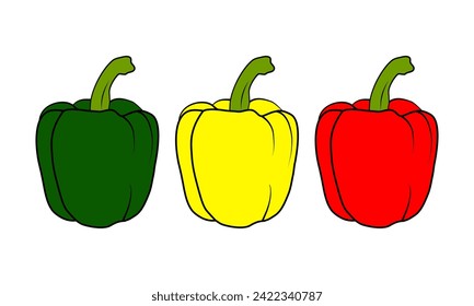 Juego de tres pimientos. Pimienta verde, amarilla y roja. Icono de verduras frescas. Conjunto de Peppers Bell Bell Bell Bell, Paprika, amarillo y rojo. Ilustración del vector EPS 10.