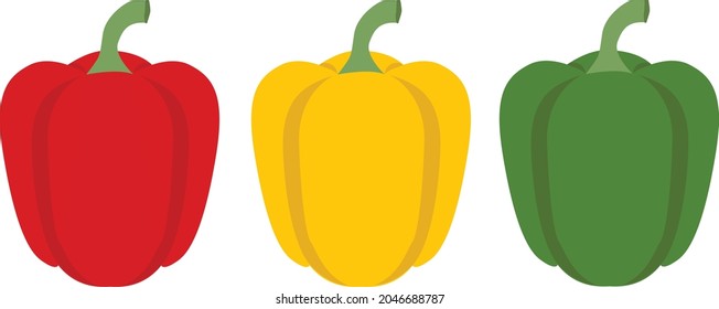 set of three peppers on white background. red, yellow, green pepper sign. set of pepper logo. pepper symbol. flat style.