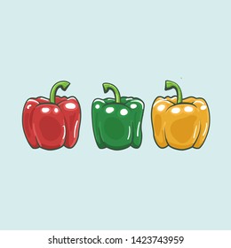 Set of three peppers. Yellow, red and green pepper. Vector illustration.