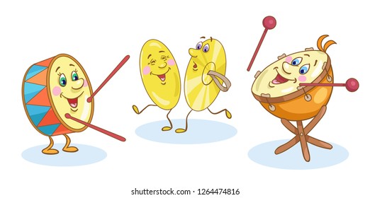 Set of three percussion instruments - drum, timpani and cymbals. In cartoon style, isolated on white background.  Vector illustration.