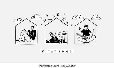 Set of three Persons isolated at the tiny houses. Cute characters. Stay at home concept. Self isolation. Hand drawn trendy Vector illustration. Sketchy doodle style. Poster template