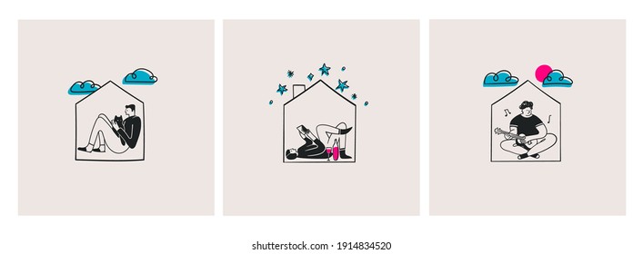 Set of three Persons isolated at the tiny houses. Cute characters. Stay at home concept. Self isolation. Hand drawn trendy Vector illustration. Sketchy doodle style. Poster template