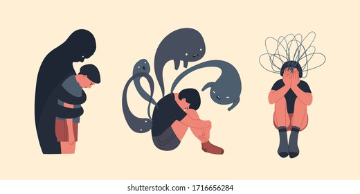 Set of three persons. Mental health or disorder concept. Illness, phobia, impairment, psychiatric or psychological problem. Cartoon style. Flat design. Hand drawn isolated colored Vector illustrations