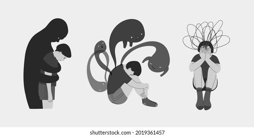 Set of three persons. Mental health or disorder concept. Illness, phobia, impairment, psychiatric or psychological problem. Cartoon style. Flat design. Hand drawn isolated Vector illustrations