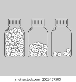 Conjunto de três frascos de pílulas farmacêuticas com rótulos claros e quantidades diferentes de pílulas dentro