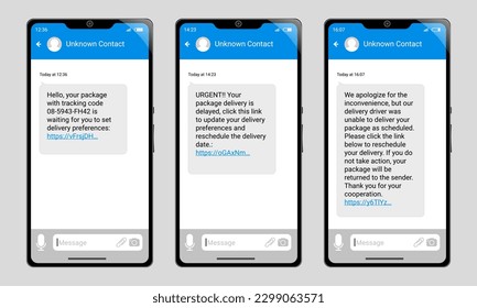 Set von drei Handys, die Spam-Paket-Textnachrichten anzeigen.