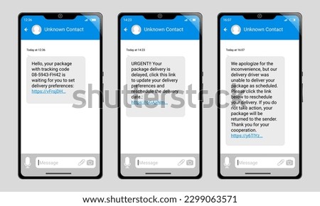 Set of three phones displaying scam package delivery text messages. Smishing concept.