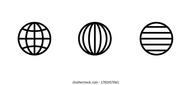 Conjunto de tres iconos de foto globo terrestre. Vector de línea modificable. Símbolo globo estilizado con paralelos y meridianos. Un solo pictograma.